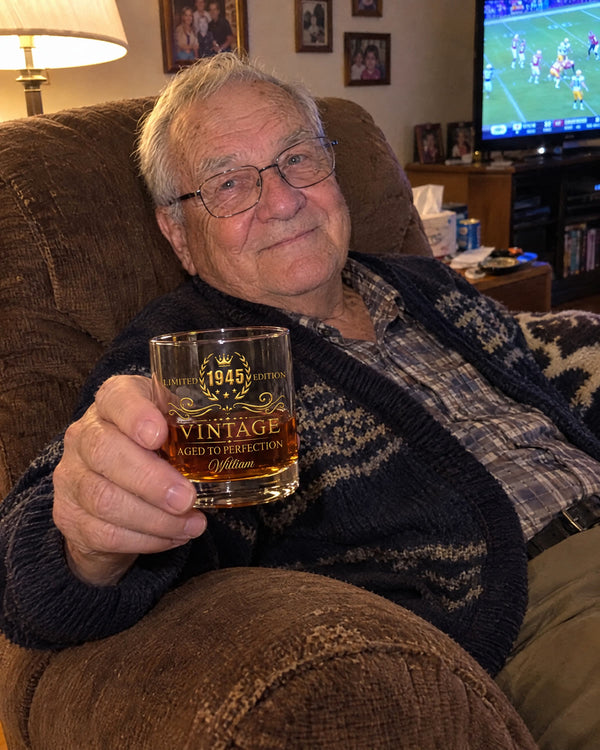 The recliner pour — personalized Aged To Perfection whiskey glass