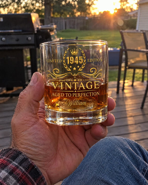 Golden hour on the porch — personalized Aged To Perfection whiskey glass
