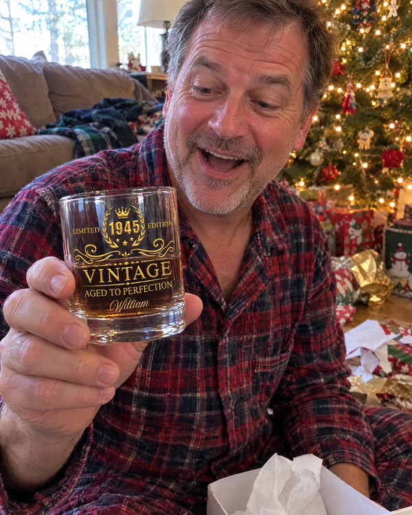 Christmas morning — personalized Aged To Perfection whiskey glass