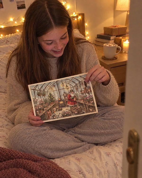 Fairy lights and door five — Winter Flowers advent calendar card at home