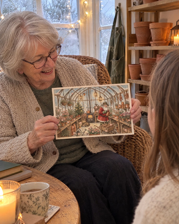 Grandma knows the Latin names — Winter Flowers advent calendar card at home