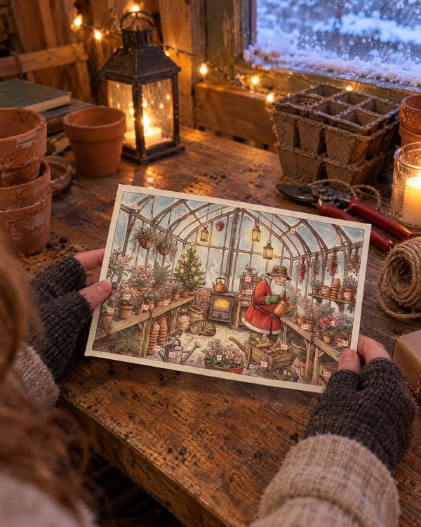 In the potting shed — Winter Flowers advent calendar card at home