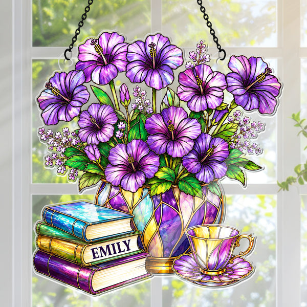 Hummingbird, Lavender Flower & Books - Personalized Acrylic Suncatcher