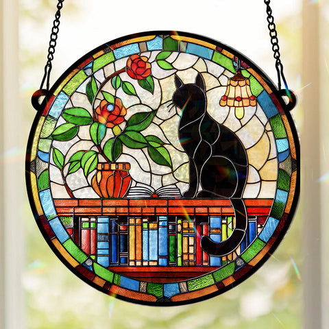 Black Cat, Book, & The Moon - Personalized Holographic Window Hanging Suncatcher