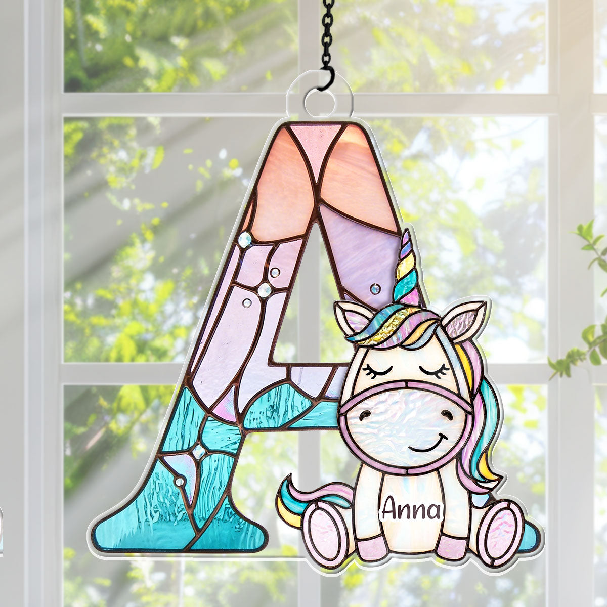Custom Name Unicorn Alphabet Stained Glass For Kids - Personalized Acrylic Suncatcher