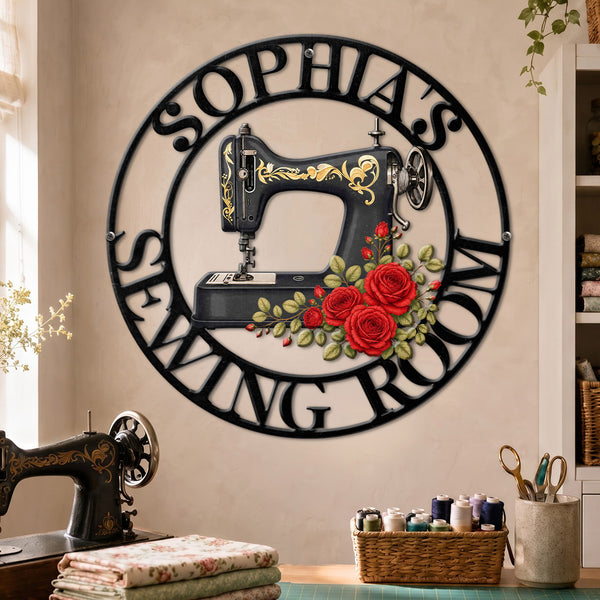 Sewing Room, Sewing Machine With Birth Flower - Personalized Custom Shaped Metal Sign