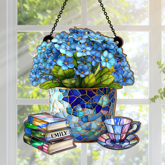 Forget-Me-Not, Books, And Tea - Personalized Acrylic Suncatcher