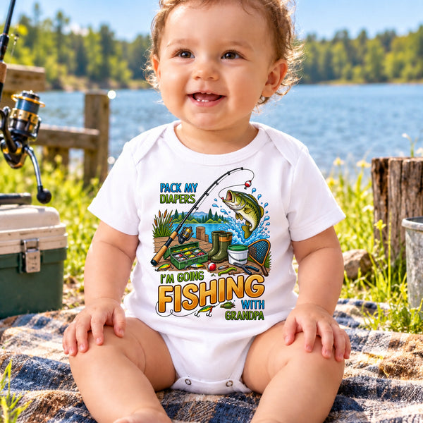Pack My Diapers I'm Going Fishing With Grandpa - Personalized Baby Onesie