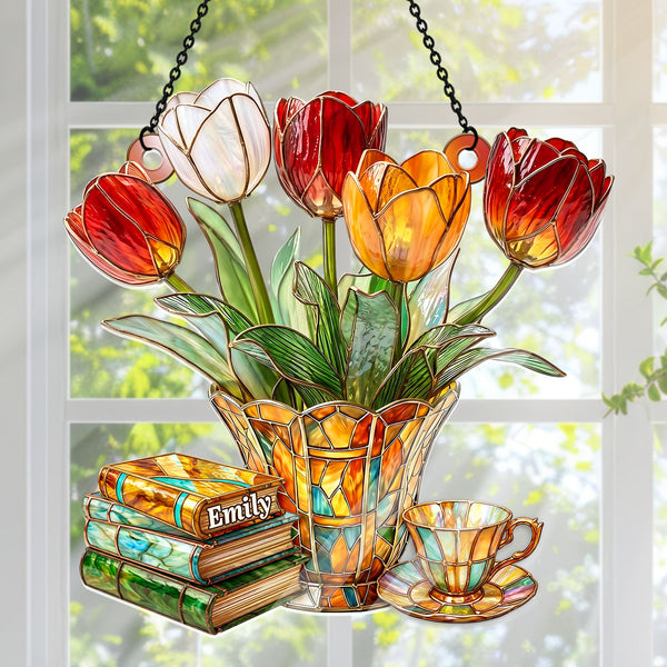 Nostalgic Tulips, Books, And Tea Set - Personalized Acrylic Suncatcher