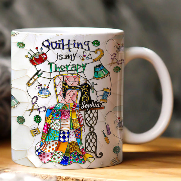 Quilting Is My Therapy Stained Glass - Personalized Ceramic Coffee Mug