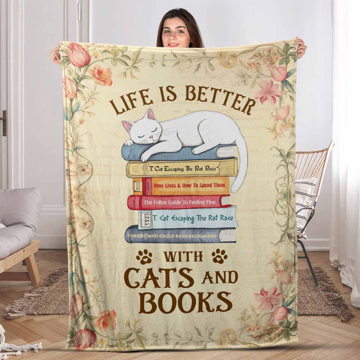 Life Is Better With Cats And Books - Personalized Fleece Blanket