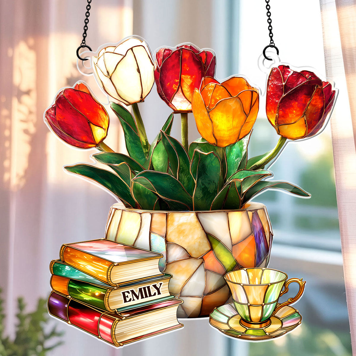 Nostalgic Tulips, Books, And Tea - Personalized Acrylic Suncatcher