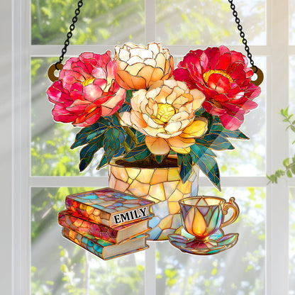 Peony, Books, And Tea - Personalized Acrylic Suncatcher