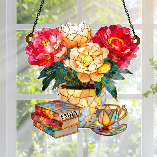Peony, Books, And Tea - Personalized Acrylic Suncatcher