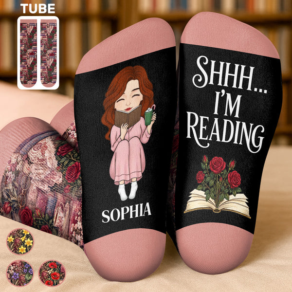 Shhh I'm Reading Birth Month Flower Gift for Book Lovers - Personalized Custom Socks