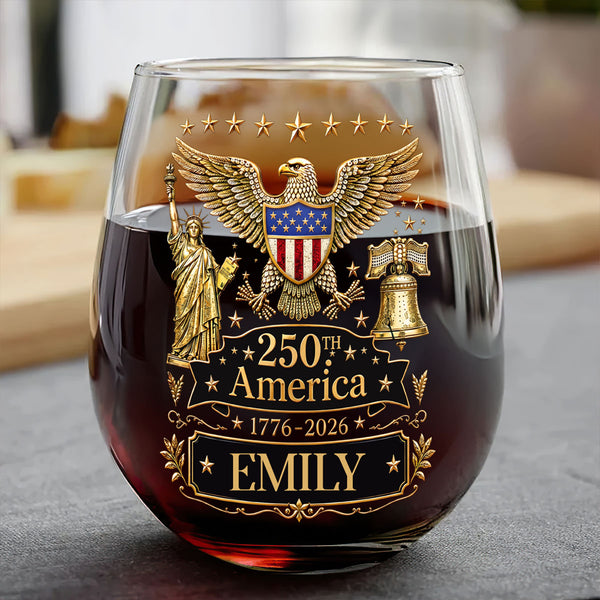 250 Years of Freedom America Patriotic Eagle - Personalized Stemless Wine Glass