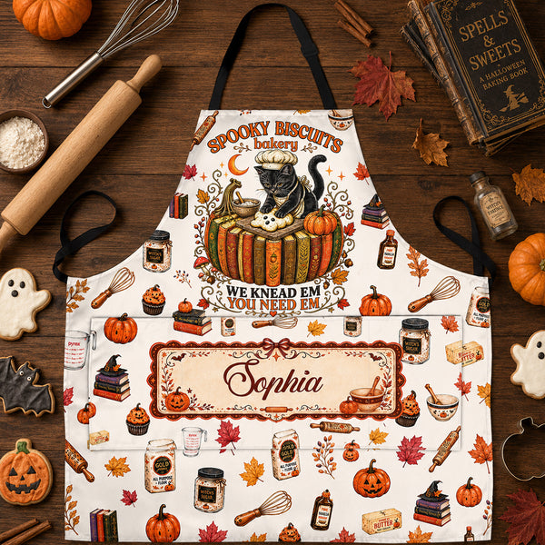 Spooky Season Black Cat Baking Book Pumpkin  - Personalized Apron With Pocket
