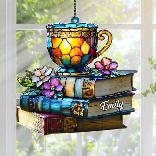 Floral Book And Tea - Personalized Acrylic Suncatcher