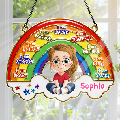 I Am Loved Grateful Kind Rainbow Gift For Grandkids - Personalized Acrylic Suncatcher