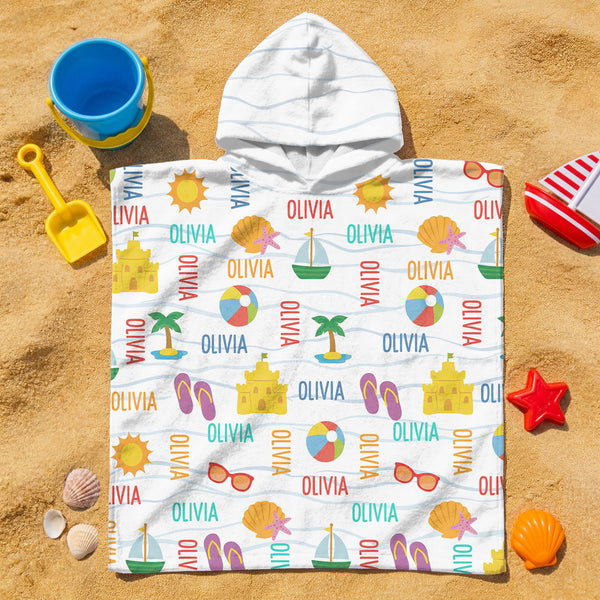 Name With Summer And Beach Pattern - Personalized Kids Hooded Beach Towel