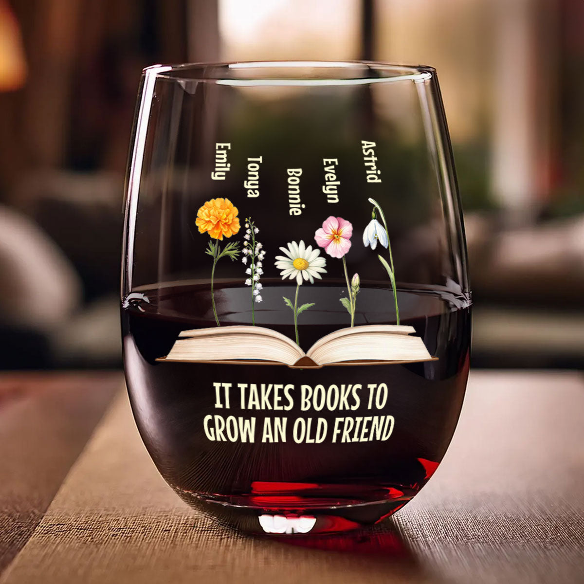 Birth Flower Grow An Old Friend Bestie - Personalized Stemless Wine Glass