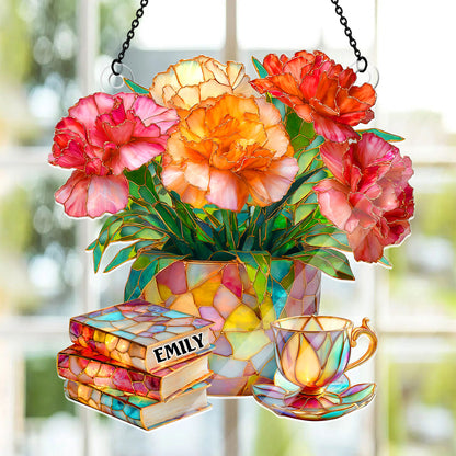 Carnation, Books, And Tea - Personalized Acrylic Suncatcher