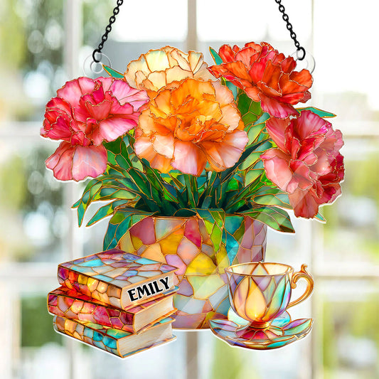 Carnation, Books, And Tea - Personalized Acrylic Suncatcher