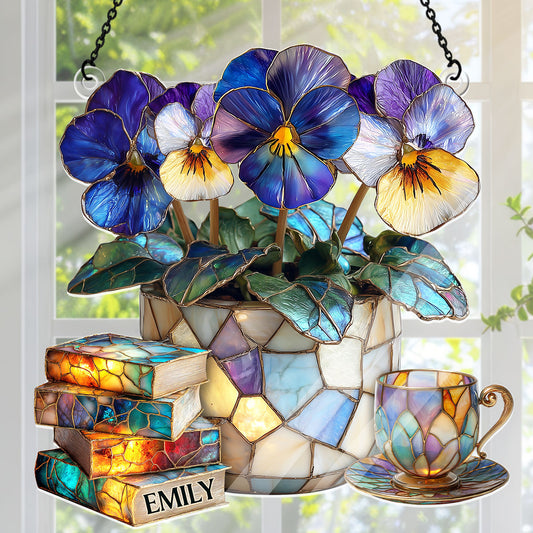 Violet, Books, And Tea - Personalized Acrylic Suncatcher