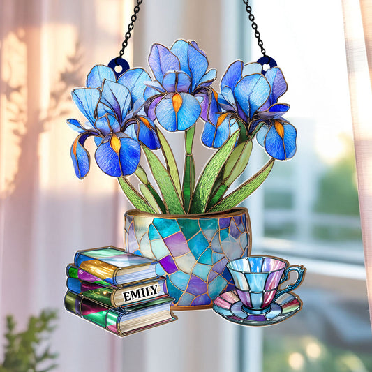Nostalgic Iris, Books, And Tea -  Personalized Acrylic Suncatcher