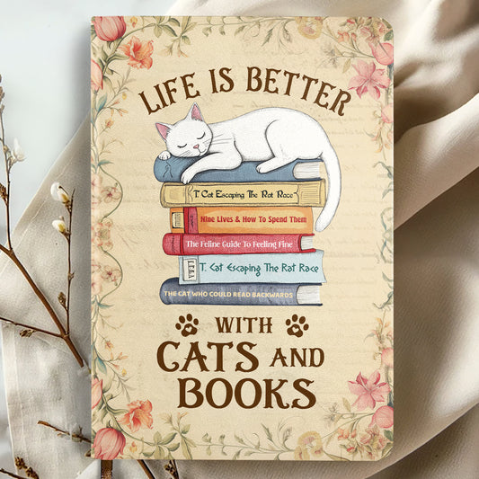 Life Is Better With Cats And Books - Personalized Leather Cover Notebook