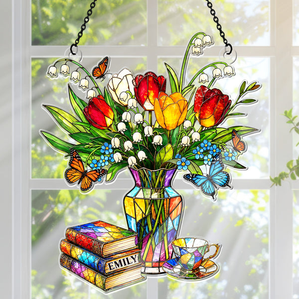 Enchanted Garden Of Books And Tulips - Personalized Acrylic Suncatcher