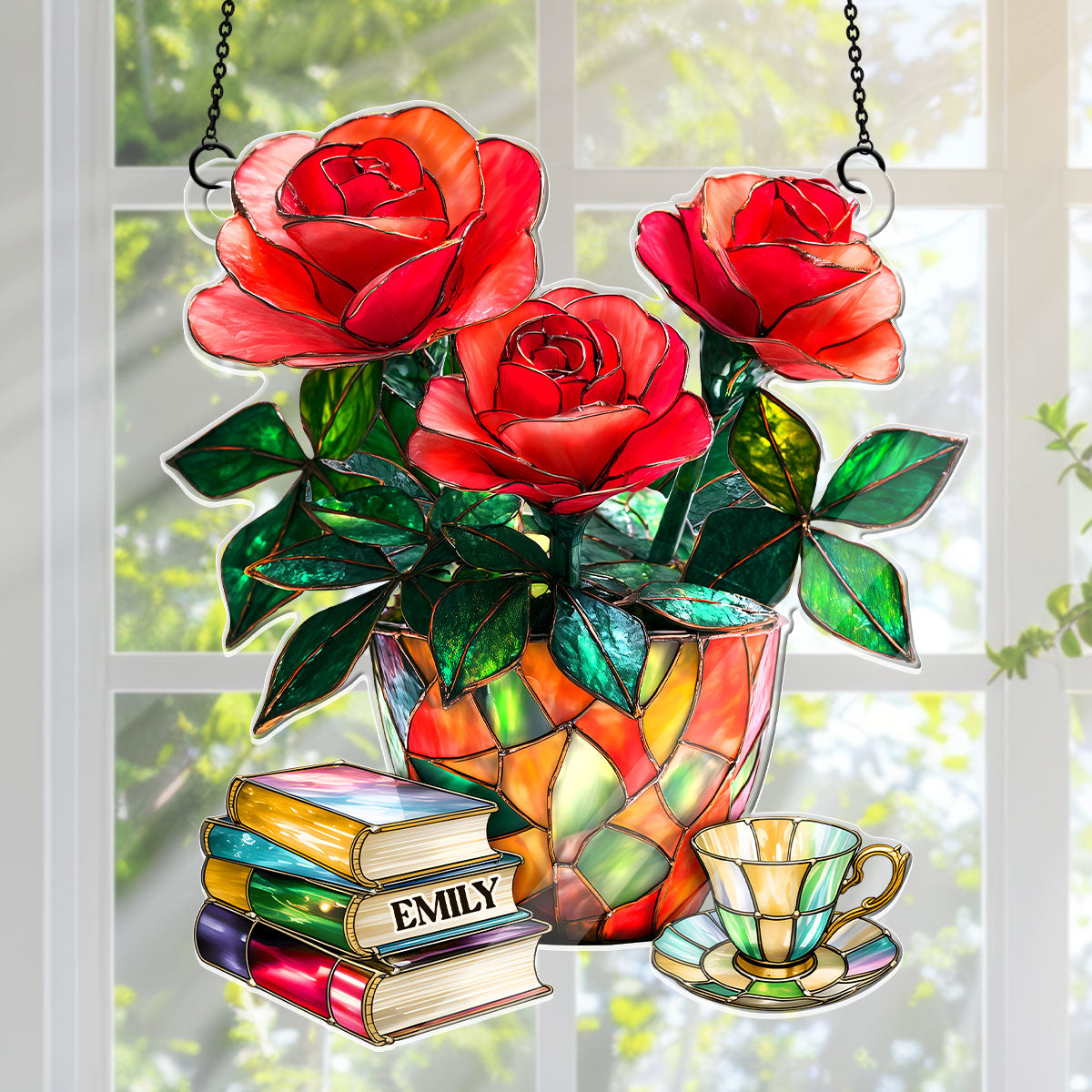 Nostalgic Roses, Books, And Tea - Personalized Acrylic Suncatcher