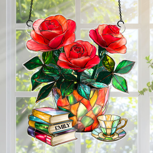 Nostalgic Roses, Books, And Tea - Personalized Acrylic Suncatcher
