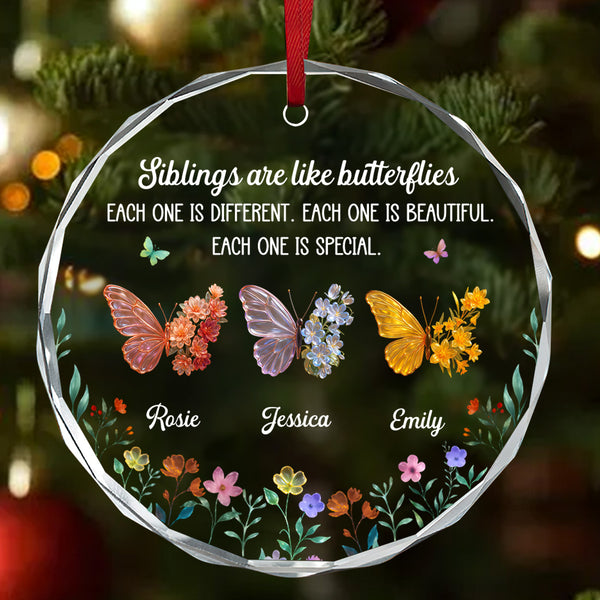 Sparkling Wings For Siblings  - Personalized Round Shaped Glass Ornament