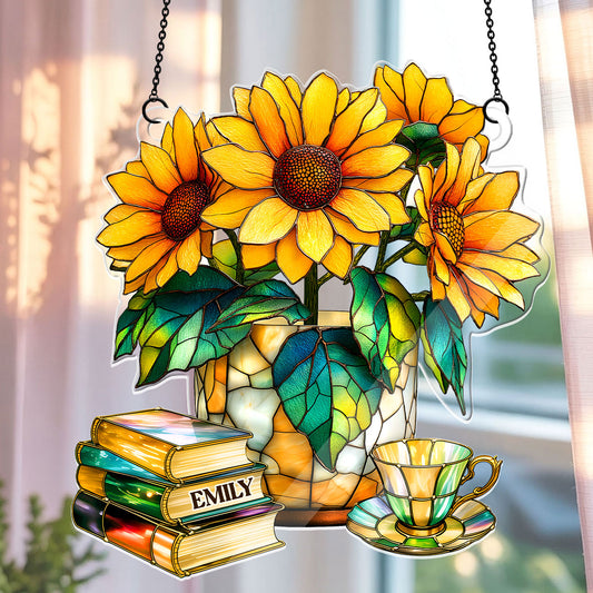 Nostalgic Sunflowers, Books, And Tea - Personalized Acrylic Suncatcher