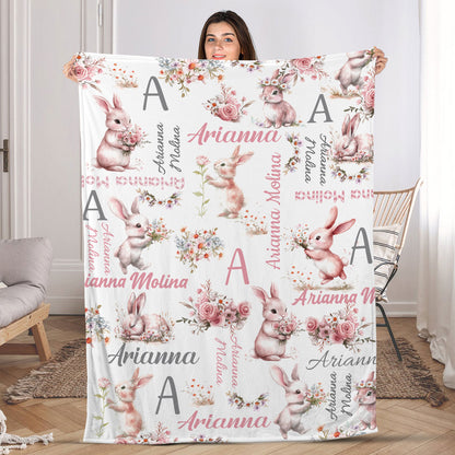 Floral Bunny Baby Shower Gift - Personalized Fleece Blanket