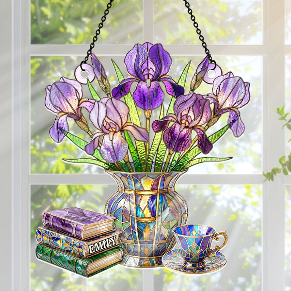 Nostalgic Iris, Books, And Tea Set - Personalized Acrylic Suncatcher