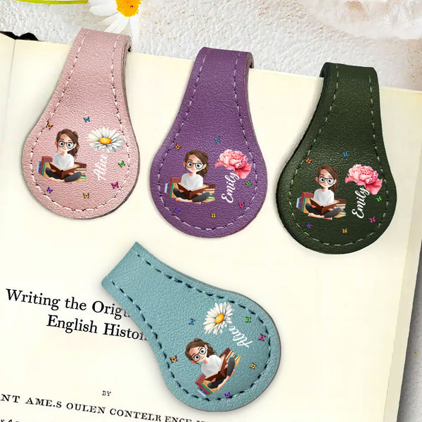 Birth Flower Book Lovers - Personalized Circle Leather Magnetic Bookmark
