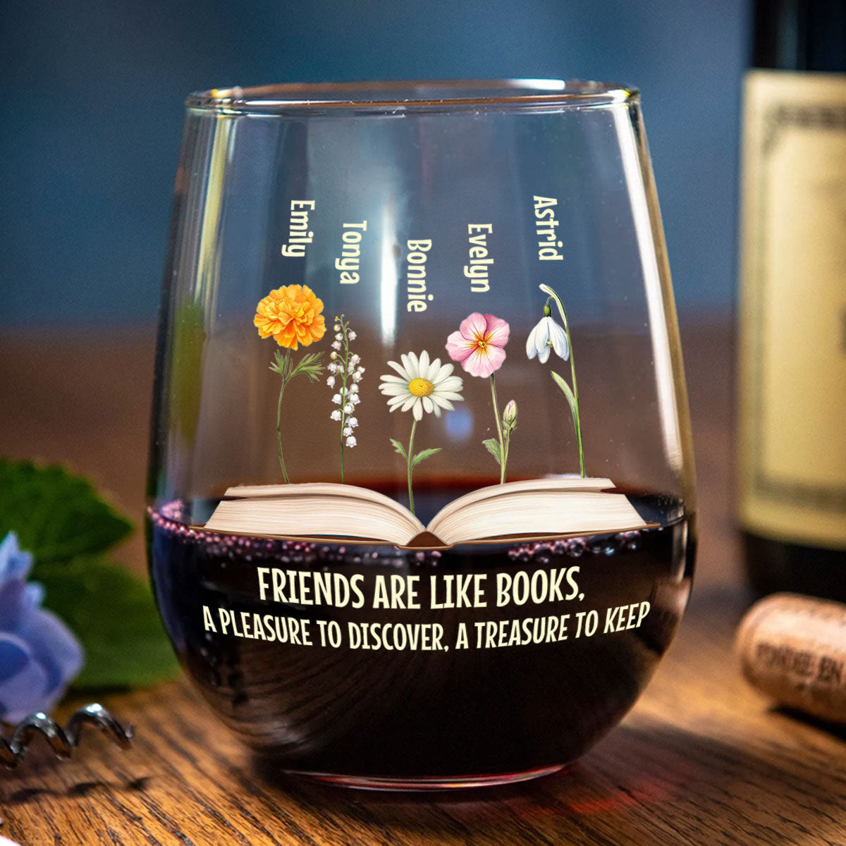 Birth Flower Grow An Old Friend Bestie - Personalized Stemless Wine Glass