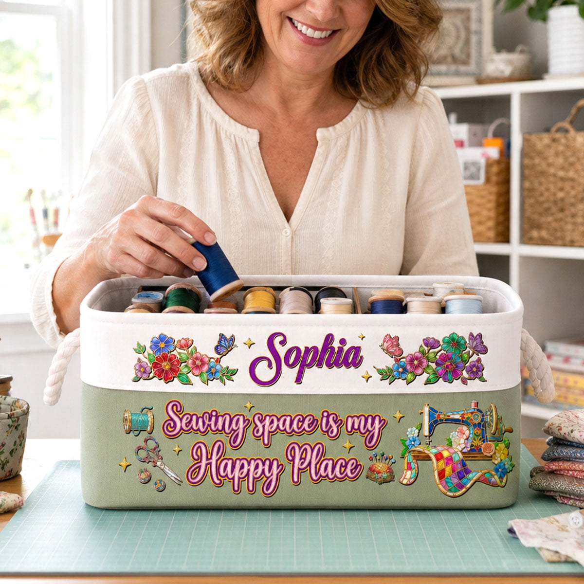 Sewing Space Is My Happy Place - Personalized Storage Basket