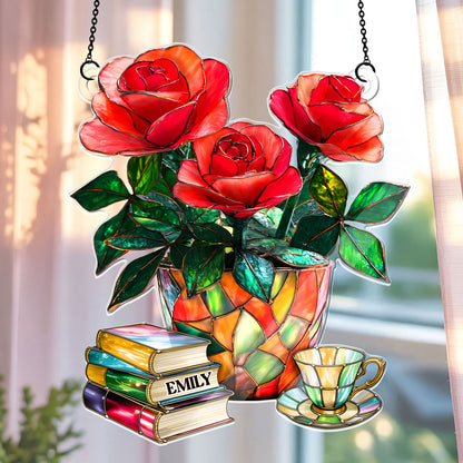 Nostalgic Roses, Books, And Tea - Personalized Acrylic Suncatcher