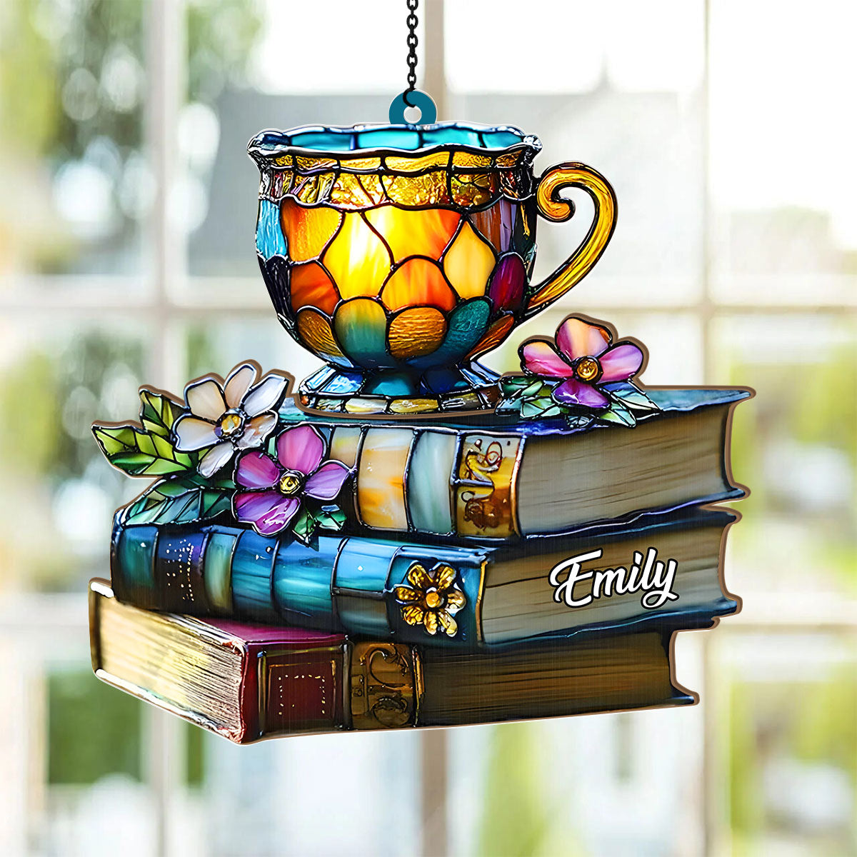 Floral Book And Tea - Personalized Acrylic Suncatcher