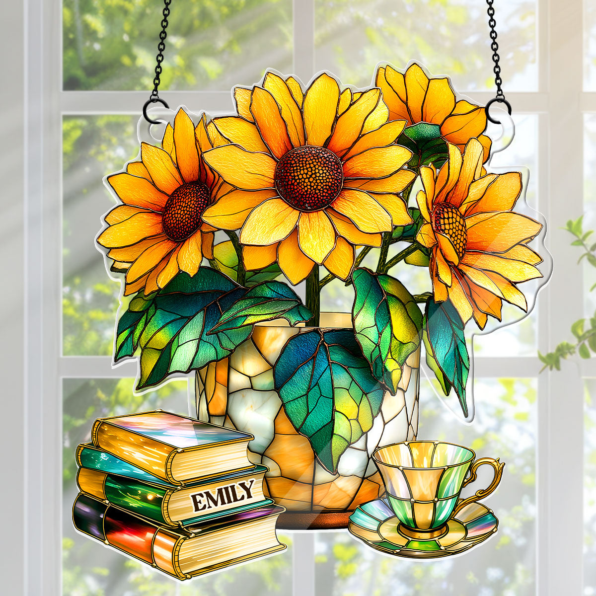 Nostalgic Sunflowers, Books, And Tea - Personalized Acrylic Suncatcher