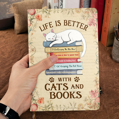 Life Is Better With Cats And Books - Personalized Leather Cover Notebook