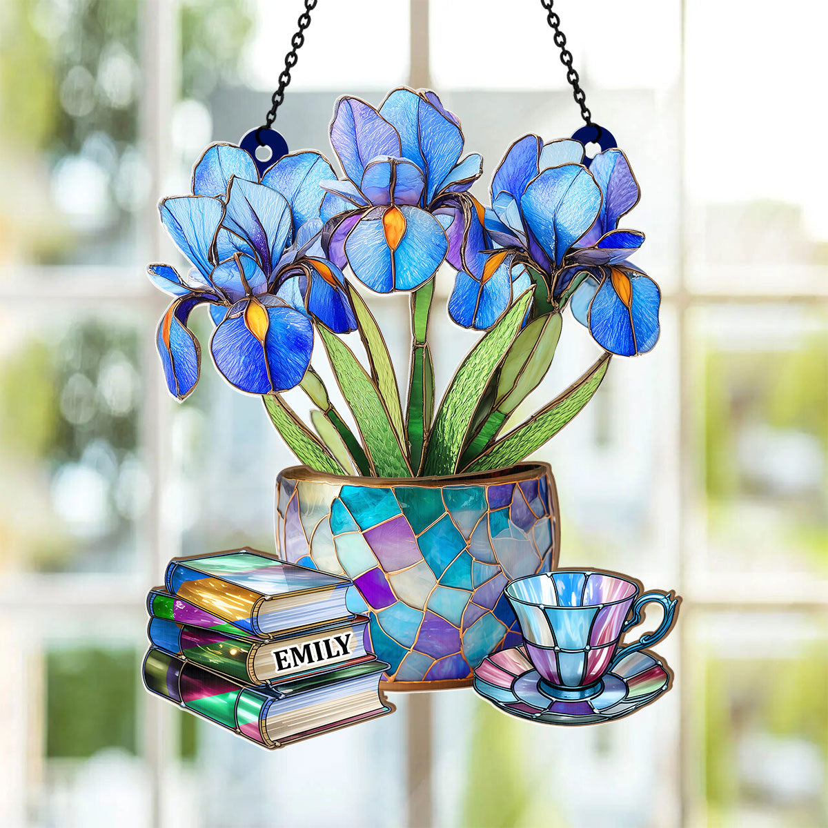 Nostalgic Iris, Books, And Tea -  Personalized Acrylic Suncatcher