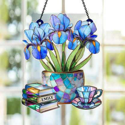 Nostalgic Iris, Books, And Tea -  Personalized Acrylic Suncatcher