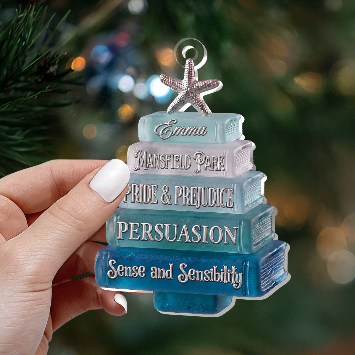 Christmas Book Tree Sea Glass Effect - Personalized 1-Layer Acrylic Ornament