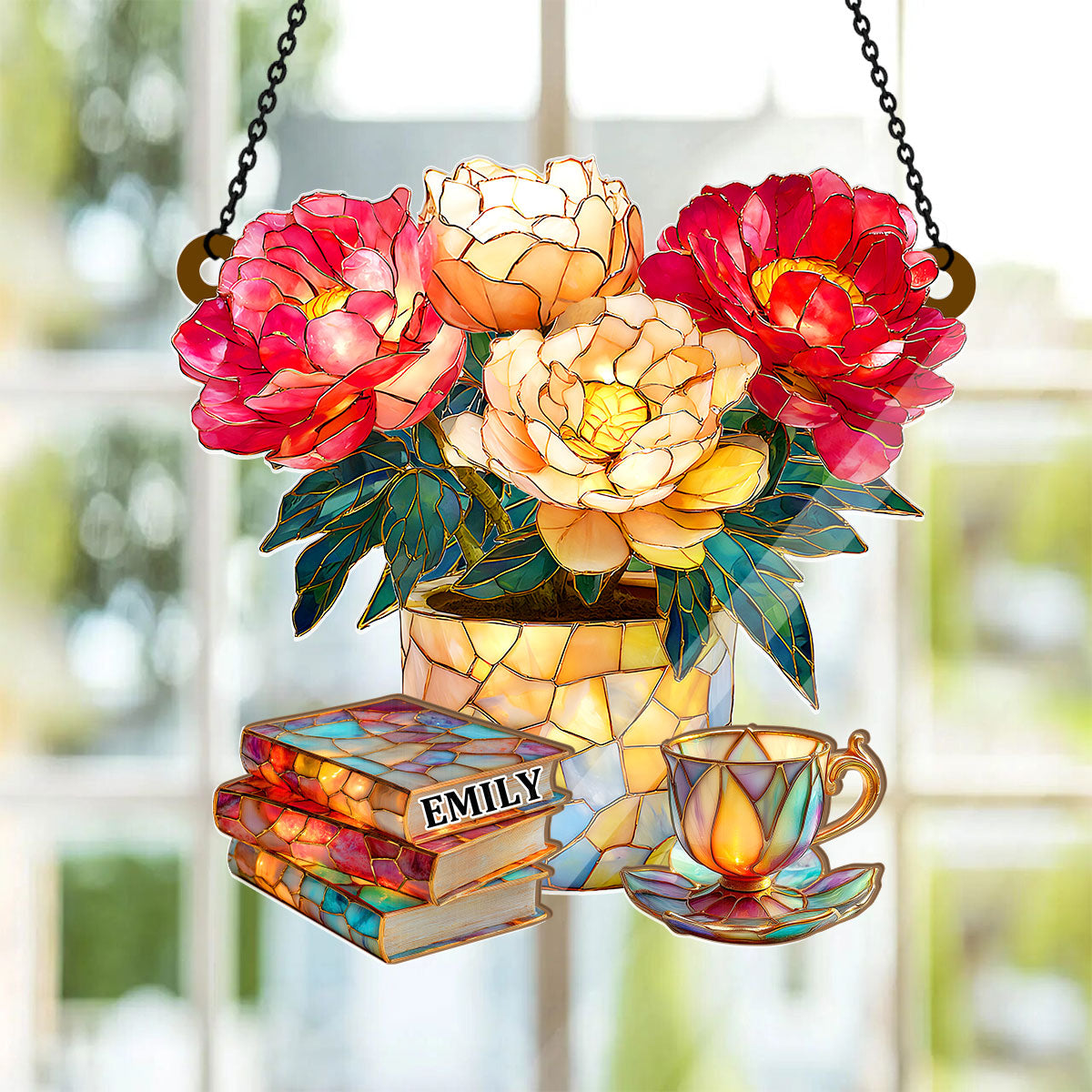 Peony, Books, And Tea - Personalized Acrylic Suncatcher