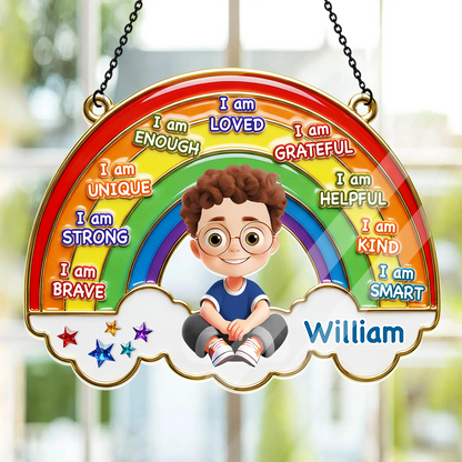 I Am Loved Grateful Kind Rainbow Gift For Grandkids - Personalized Acrylic Suncatcher