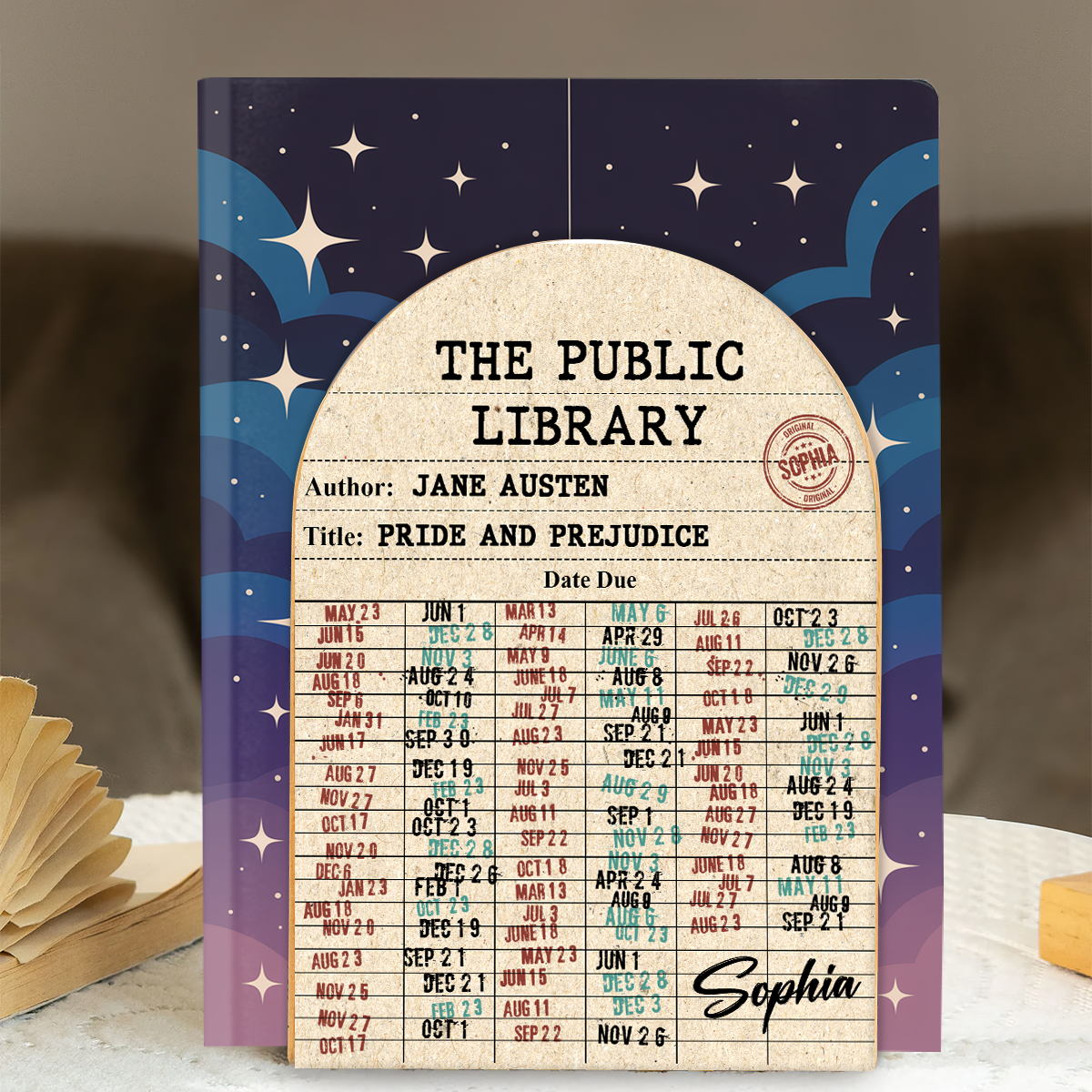 Nostalgic Library Card Due Date Stamp -  Personalized Wood Book Ends